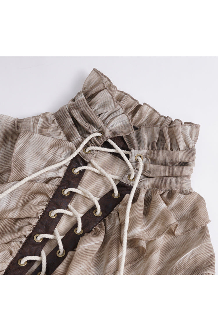 Victorian Lolita Blouse - Ruffle Stand Collar Print, Brown, Stand Collar, Men's Style - additional product view 8