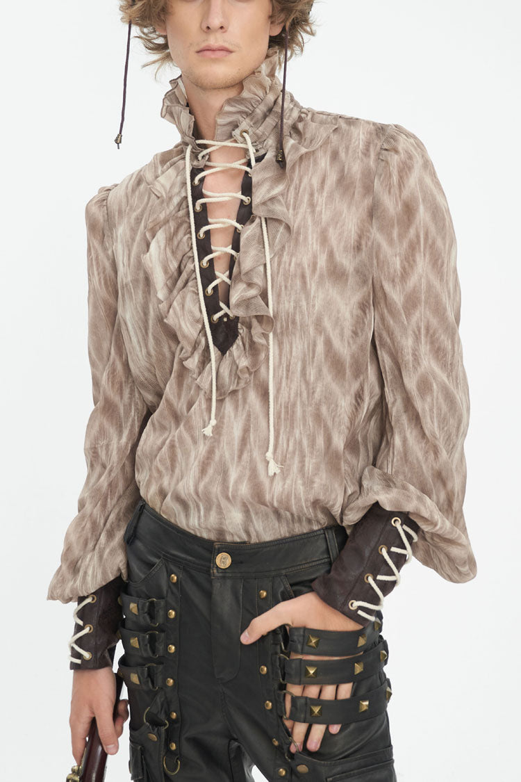 Victorian Lolita Blouse - Ruffle Stand Collar Print, Brown, Stand Collar, Men's Style - main product image