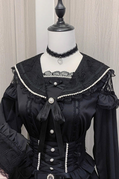 Victorian Lolita Blouse - Sailor Collar, 2 Colors, Ruffled, Long Sleeves, Bow Detail - S Black Long Sleeve / M Black Long Sleeve / L Black Long Sleeve option