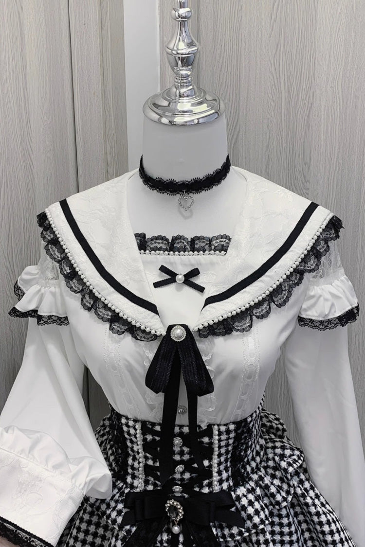 Victorian Lolita Blouse - Sailor Collar, 2 Colors, Ruffled, Long Sleeves, Bow Detail - S White Long Sleeve / M White Long Sleeve / L White Long Sleeve option