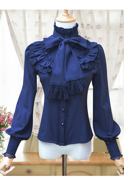 Victorian Lolita Blouse - Solid Color Lantern Stand, 4 Colors, Stand Collar, Classic Style - S Navy blue / M Navy blue / L Navy blue option