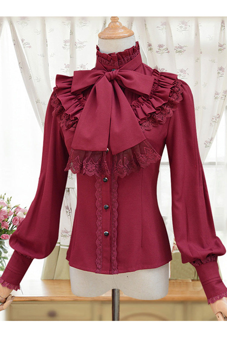 Victorian Lolita Blouse - Solid Color Lantern Stand, 4 Colors, Stand Collar, Classic Style - S Red / M Red / L Red option