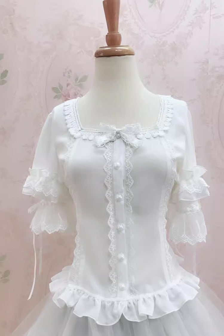 Victorian Lolita Blouse - Square Collar Hime Lace, White, Square Collar, Lace Trim - additional product view 3