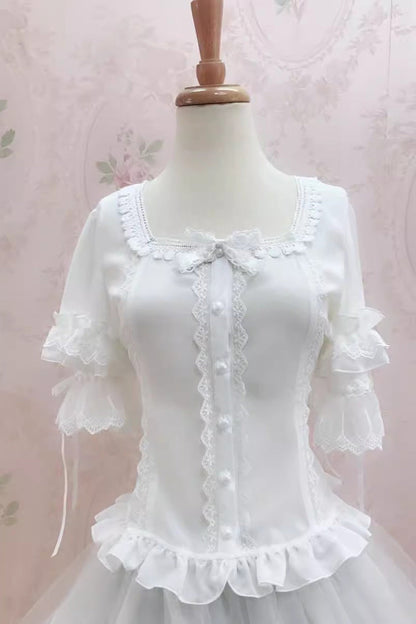 Victorian Lolita Blouse - Square Collar Hime Lace, White, Square Collar, Lace Trim - additional product view 3