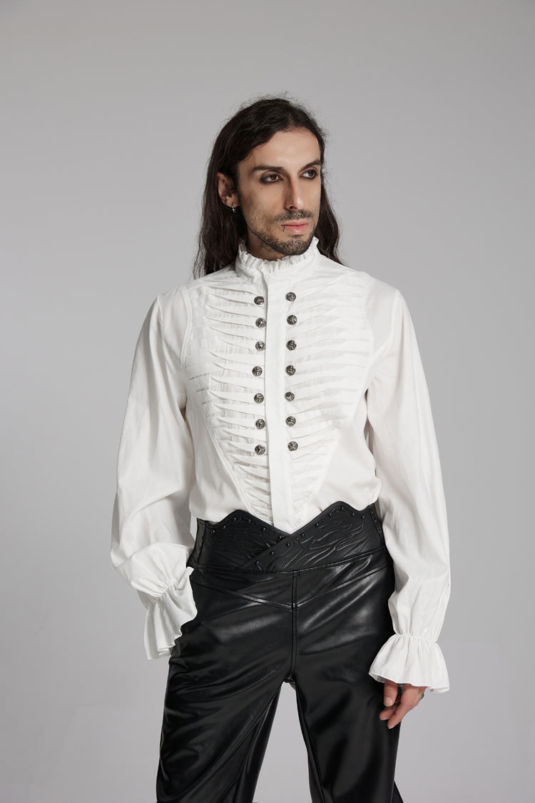 Victorian Lolita Blouse - Stand Collar Beast Buckle, White, Buckle Detail, Stand Collar - additional product view 2