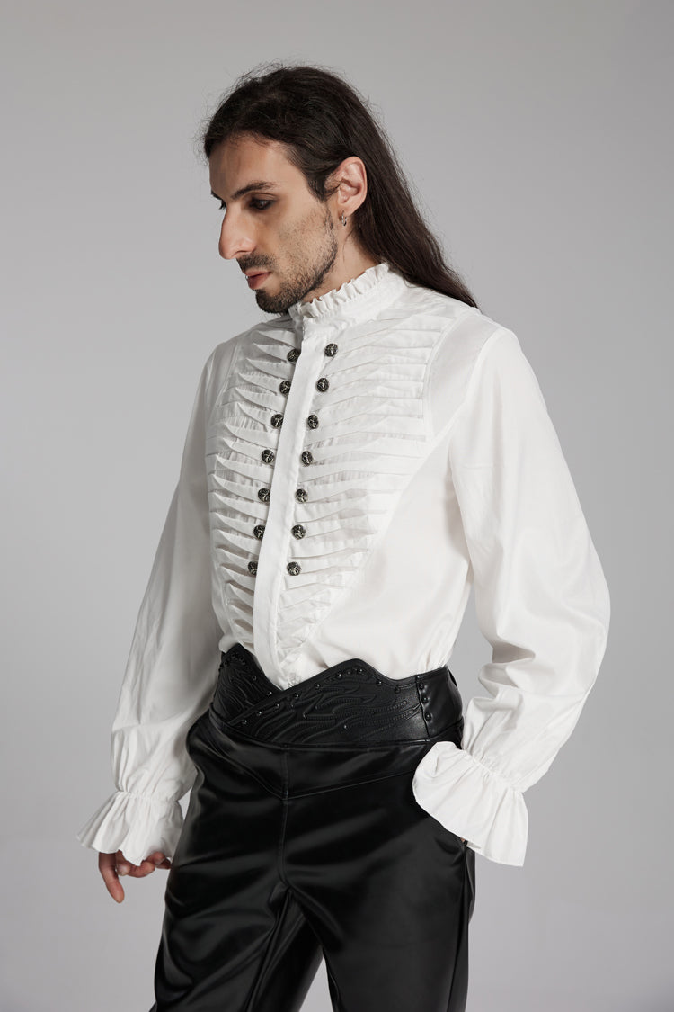 Victorian Lolita Blouse - Stand Collar Beast Buckle, White, Buckle Detail, Stand Collar - additional product view 3