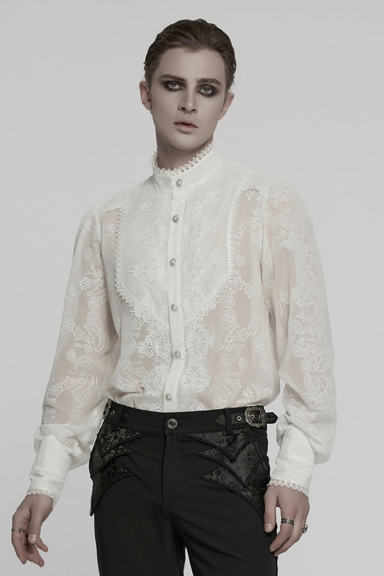 Victorian Lolita Blouse - Stand Collar Chiffon, White, Stand Collar, Men's Style - additional product view 2