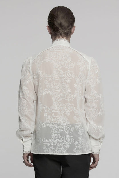 Victorian Lolita Blouse - Stand Collar Chiffon, White, Stand Collar, Men's Style - additional product view 3