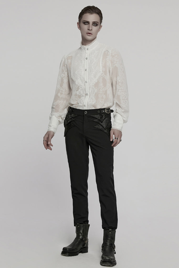Victorian Lolita Blouse - Stand Collar Chiffon, White, Stand Collar, Men's Style - additional product view 4