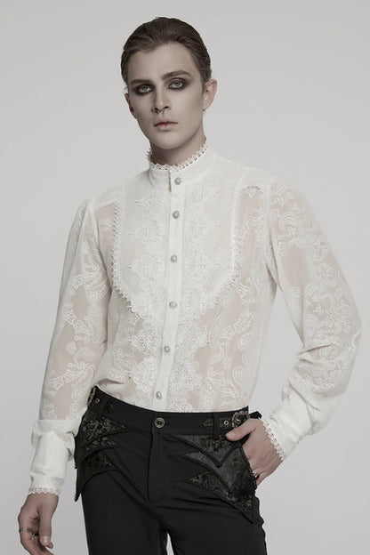 Victorian Lolita Blouse - Stand Collar Chiffon, White, Stand Collar, Men's Style - main product image