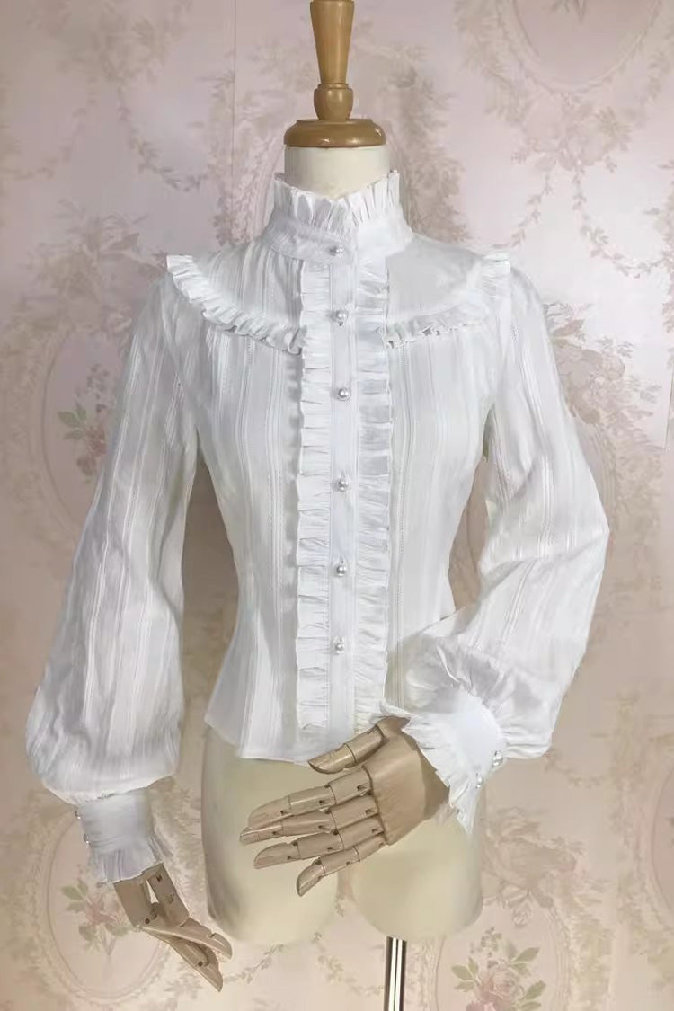 Victorian Lolita Blouse - Stand Collar Jacquard, White, Stand Collar, Sweet Style - additional product view 2