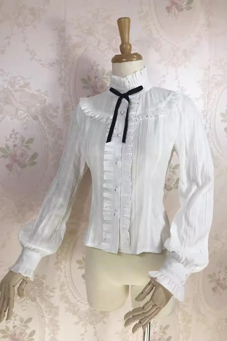 Victorian Lolita Blouse - Stand Collar Jacquard, White, Stand Collar, Sweet Style - additional product view 3