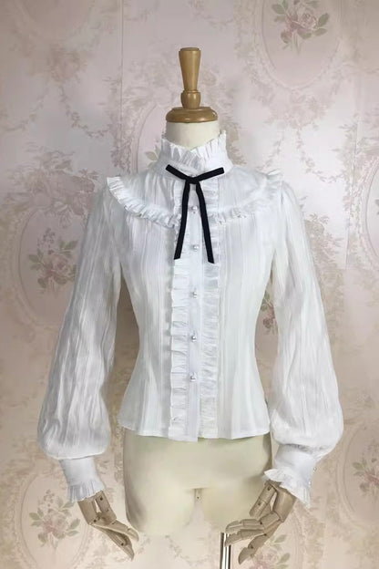 Victorian Lolita Blouse - Stand Collar Jacquard, White, Stand Collar, Sweet Style - main product image