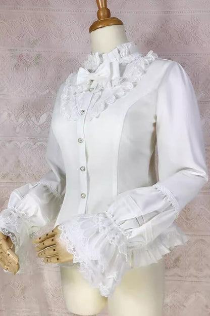 Victorian Lolita Blouse - Stand Collar Lantern Lace, White, Stand Collar, Lace Trim - additional product view 2