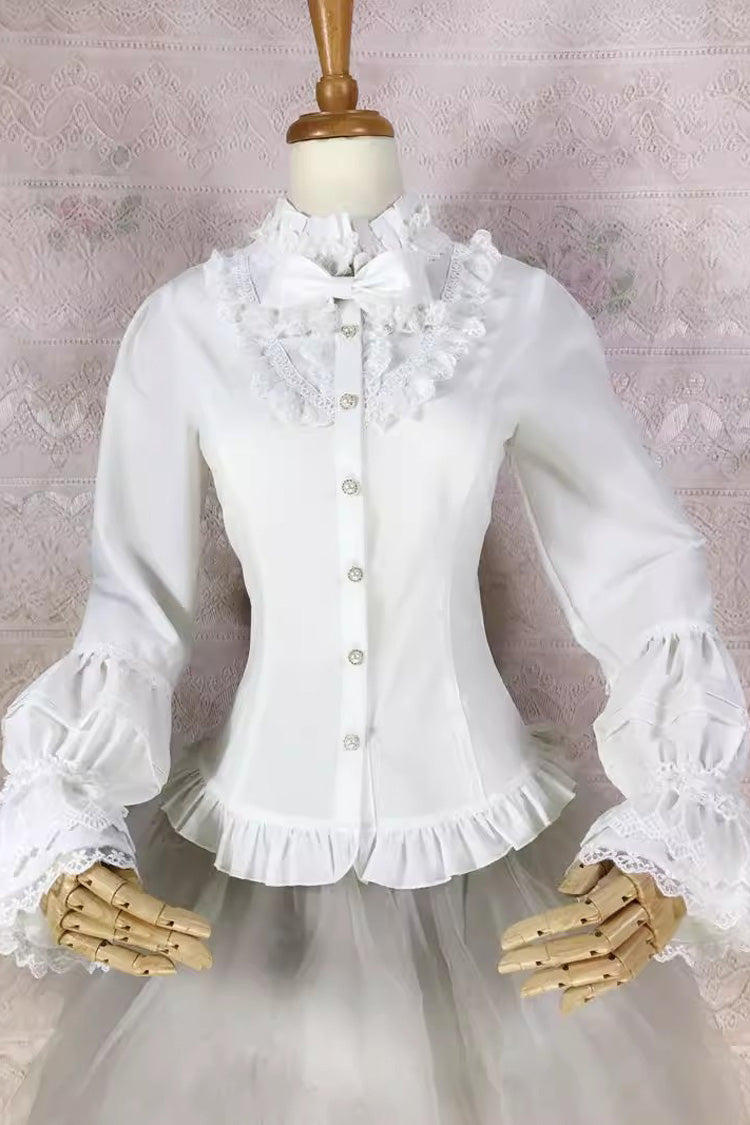 Victorian Lolita Blouse - Stand Collar Lantern Lace, White, Stand Collar, Lace Trim - additional product view 3