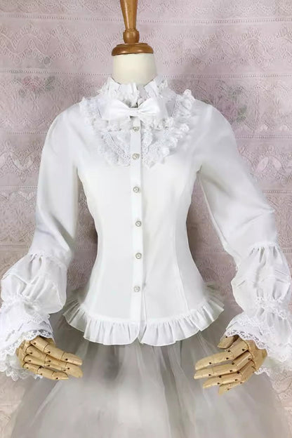 Victorian Lolita Blouse - Stand Collar Lantern Lace, White, Stand Collar, Lace Trim - additional product view 3