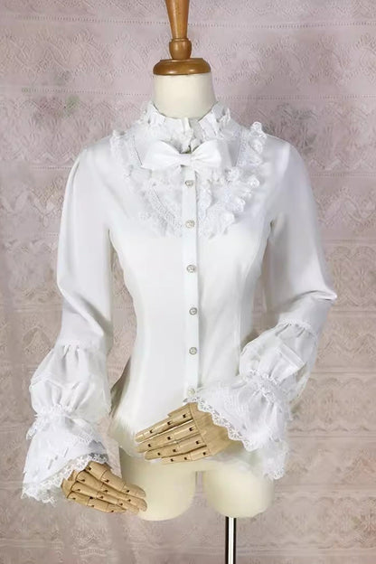 Victorian Lolita Blouse - Stand Collar Lantern Lace, White, Stand Collar, Lace Trim - main product image