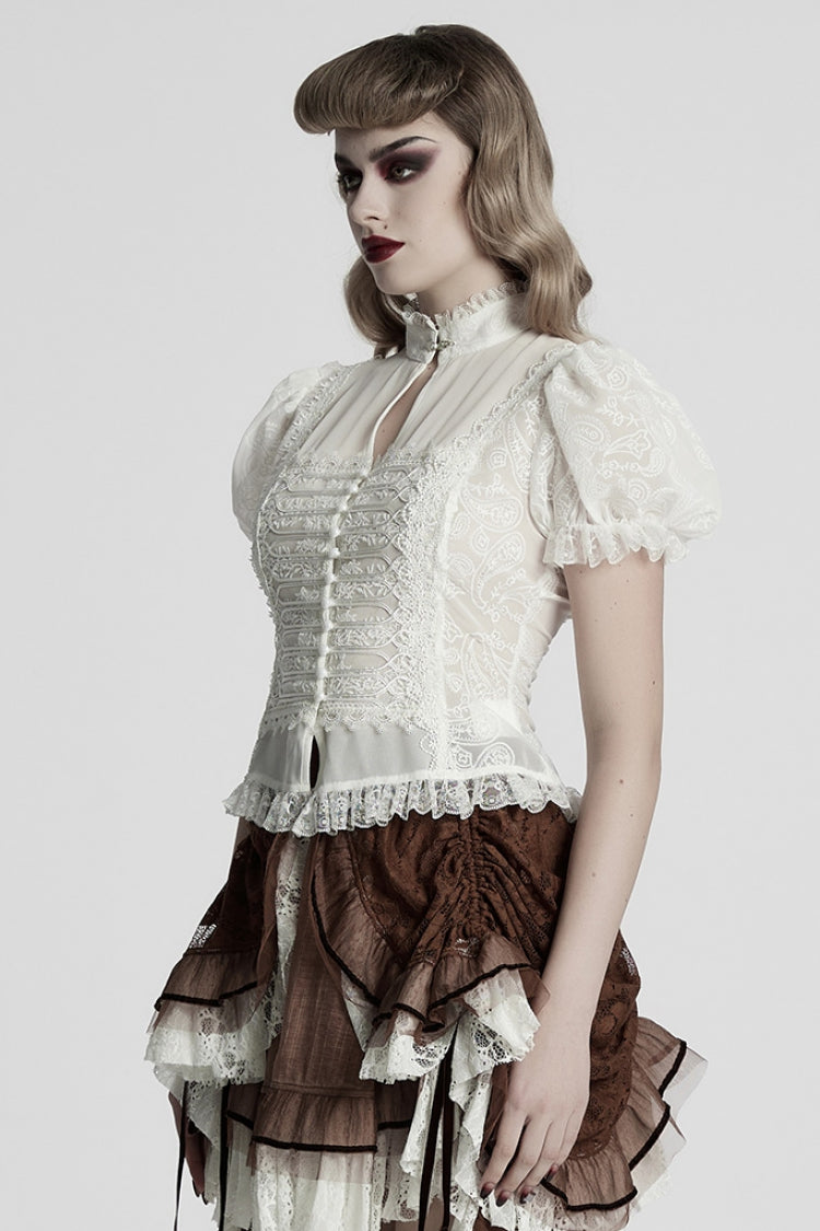Victorian Lolita Blouse - Stand Collar Puff Jacquard, White, Puff Sleeves, Stand Collar - additional product view 2
