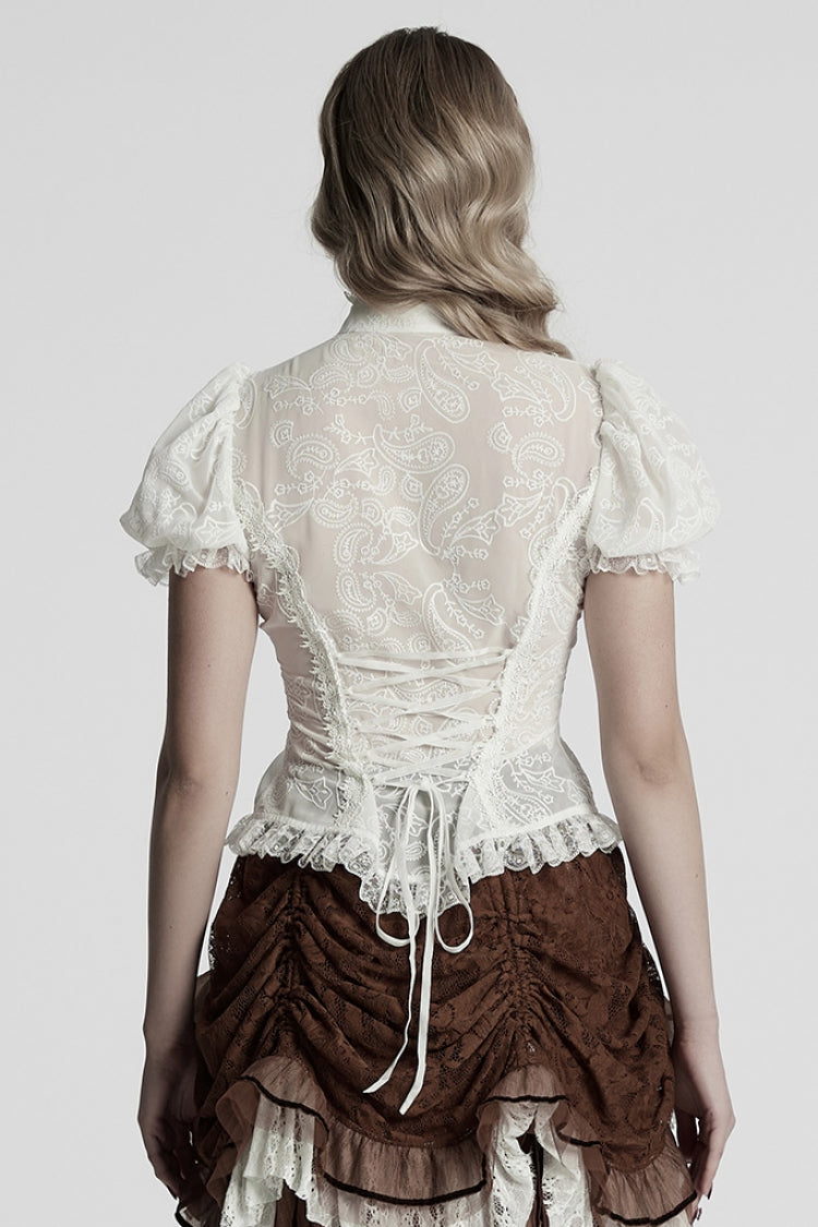 Victorian Lolita Blouse - Stand Collar Puff Jacquard, White, Puff Sleeves, Stand Collar - additional product view 3