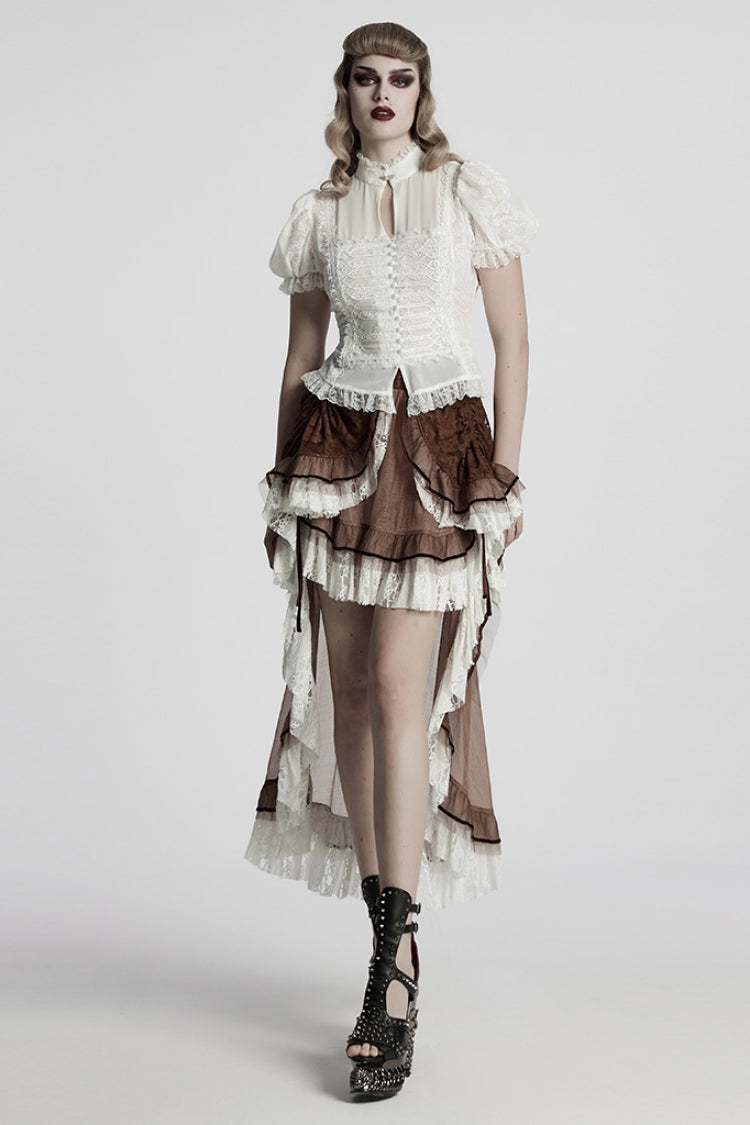 Victorian Lolita Blouse - Stand Collar Puff Jacquard, White, Puff Sleeves, Stand Collar - additional product view 4