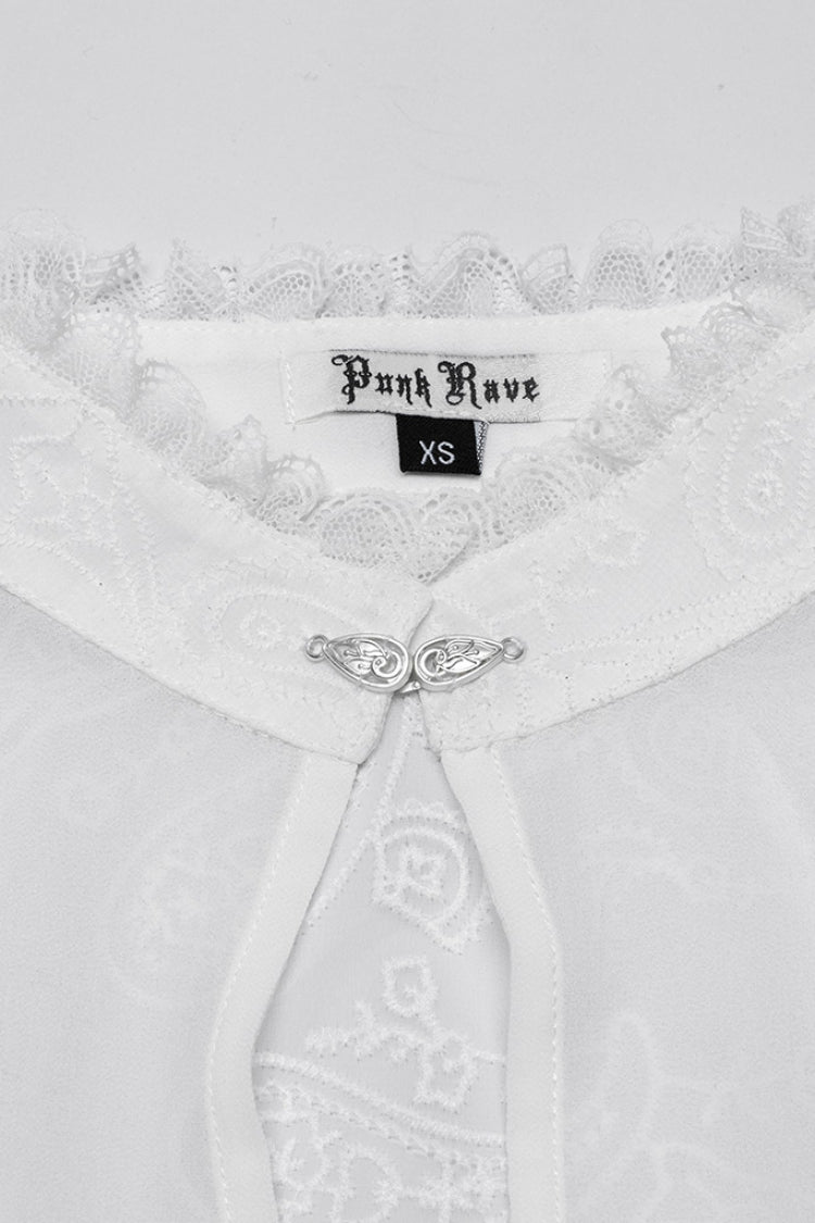 Victorian Lolita Blouse - Stand Collar Puff Jacquard, White, Puff Sleeves, Stand Collar - additional product view 5