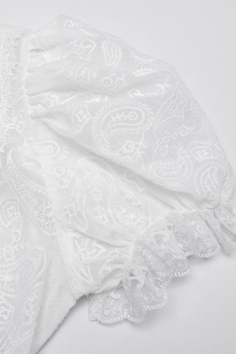 Victorian Lolita Blouse - Stand Collar Puff Jacquard, White, Puff Sleeves, Stand Collar - additional product view 8