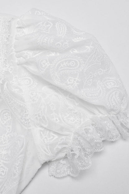 Victorian Lolita Blouse - Stand Collar Puff Jacquard, White, Puff Sleeves, Stand Collar - additional product view 8