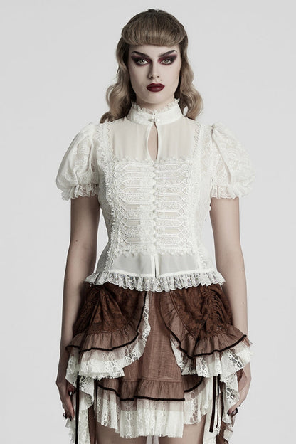 Victorian Lolita Blouse - Stand Collar Puff Jacquard, White, Puff Sleeves, Stand Collar - main product image