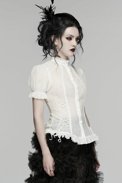 Victorian Lolita Blouse - Stand Collar Puff Ruffled, White, Puff Sleeves, Stand Collar - additional product view 2