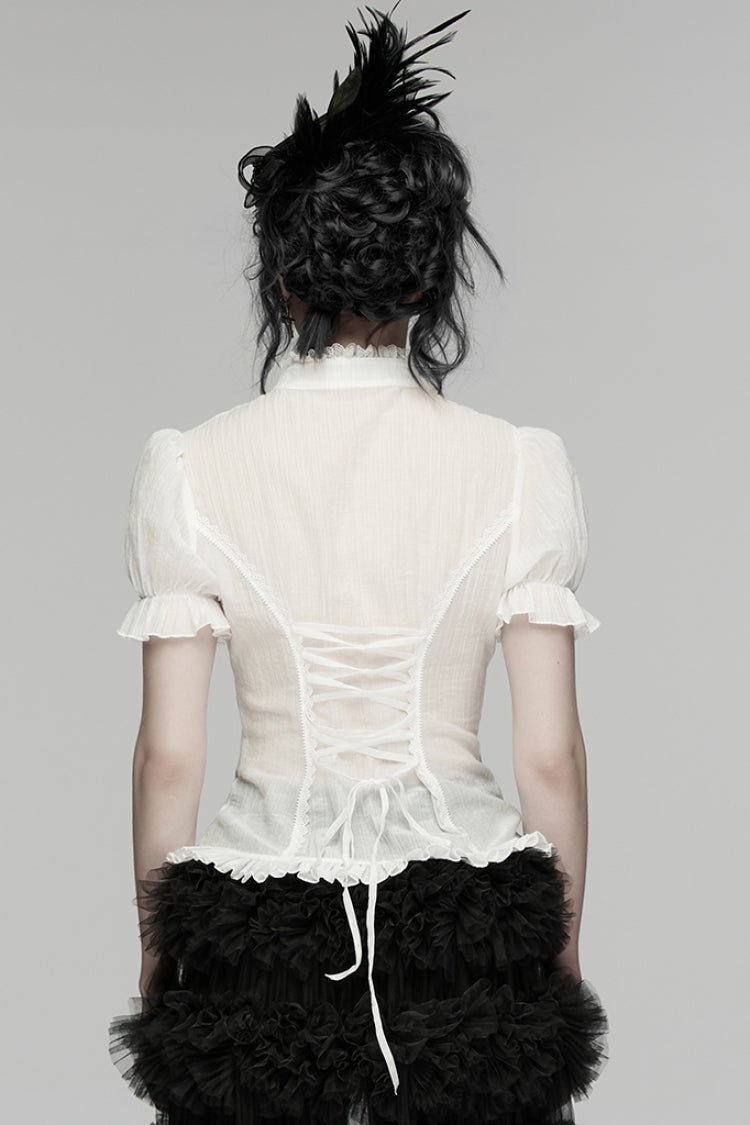 Victorian Lolita Blouse - Stand Collar Puff Ruffled, White, Puff Sleeves, Stand Collar - additional product view 3
