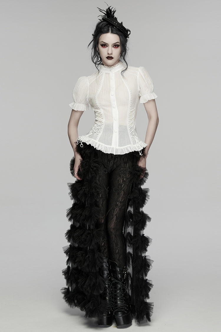 Victorian Lolita Blouse - Stand Collar Puff Ruffled, White, Puff Sleeves, Stand Collar - additional product view 4