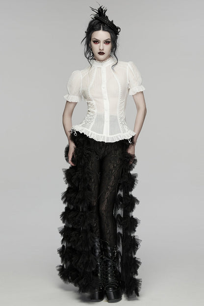 Victorian Lolita Blouse - Stand Collar Puff Ruffled, White, Puff Sleeves, Stand Collar - additional product view 4