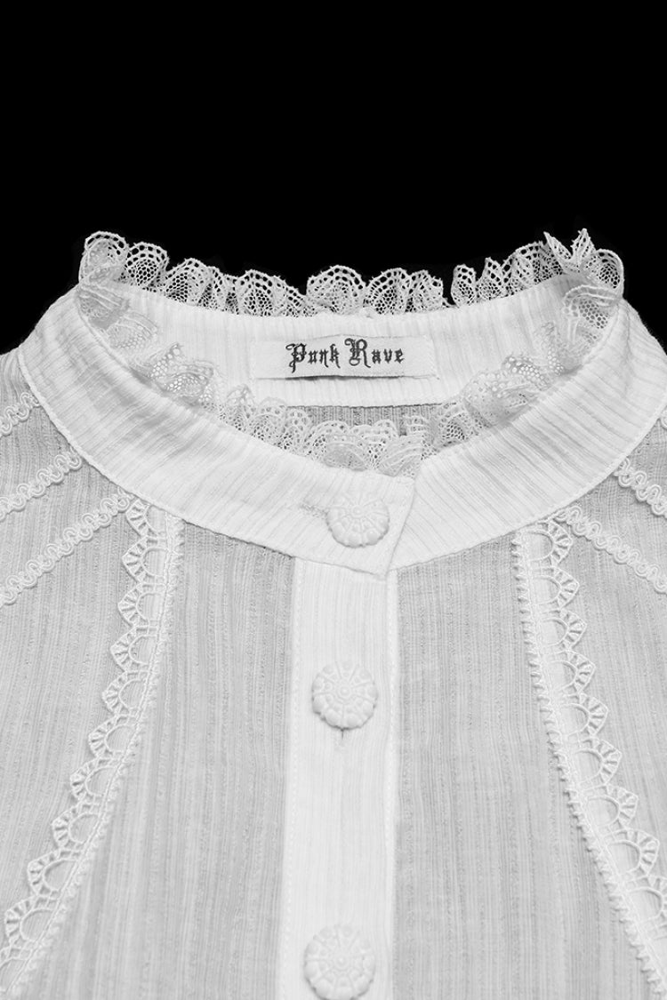 Victorian Lolita Blouse - Stand Collar Puff Ruffled, White, Puff Sleeves, Stand Collar - additional product view 5