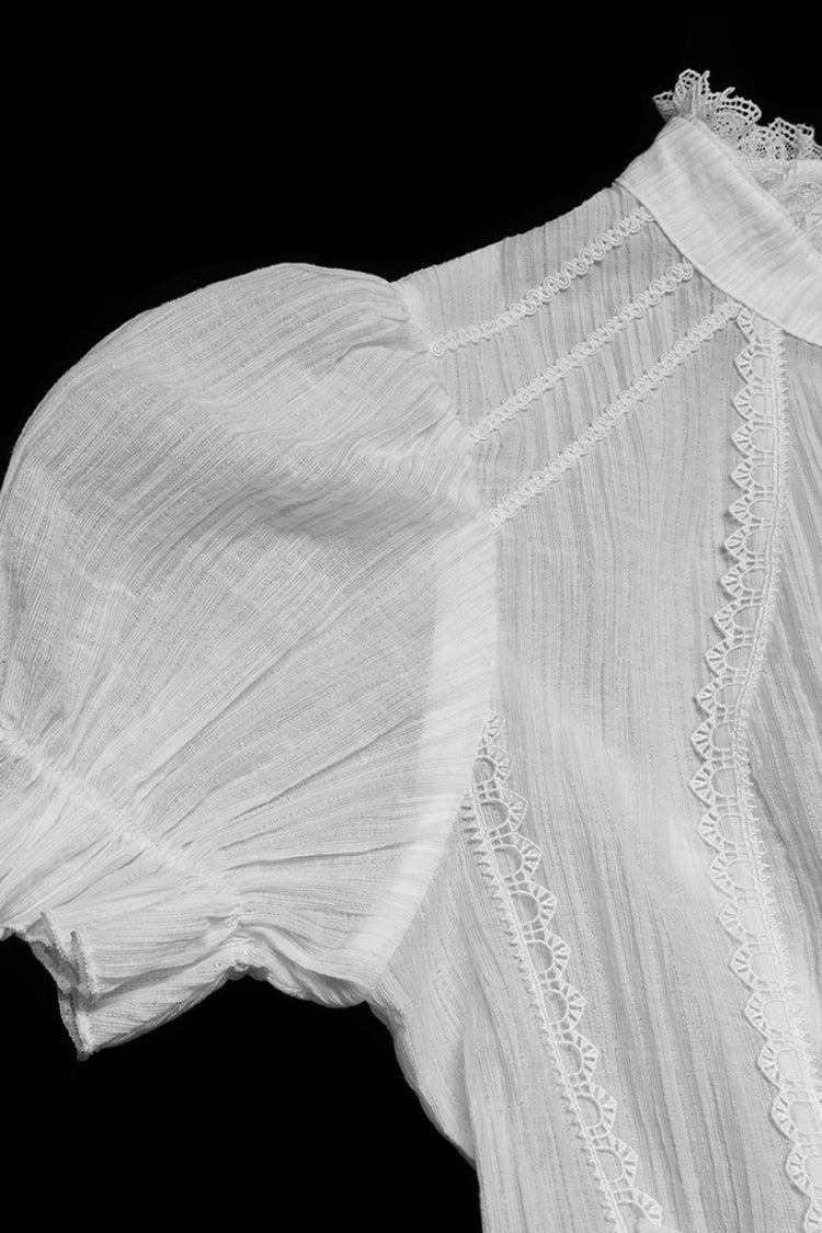 Victorian Lolita Blouse - Stand Collar Puff Ruffled, White, Puff Sleeves, Stand Collar - additional product view 6