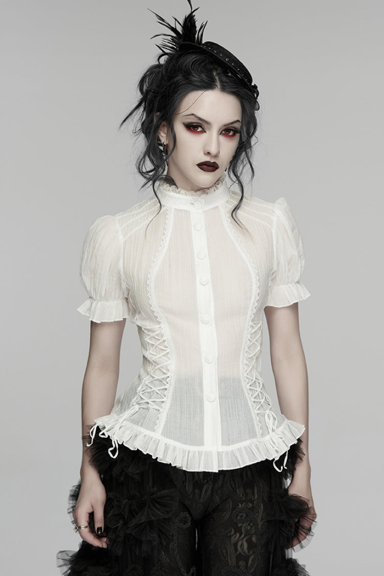 Victorian Lolita Blouse - Stand Collar Puff Ruffled, White, Puff Sleeves, Stand Collar - main product image