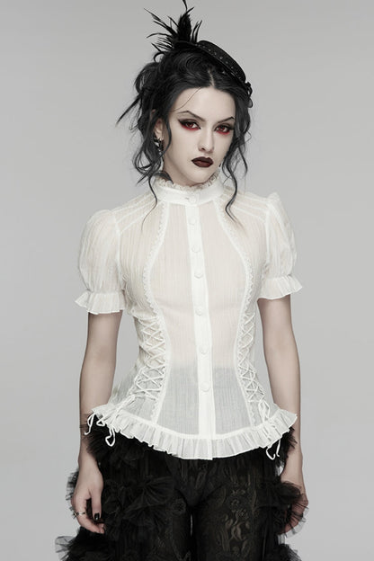 Victorian Lolita Blouse - Stand Collar Puff Ruffled, White, Puff Sleeves, Stand Collar - main product image