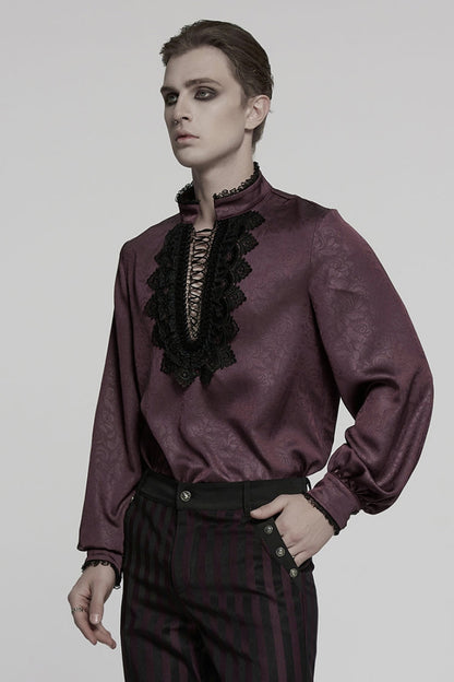 Victorian Lolita Blouse - Stand Collar Ruffle Embroidery, Red, Stand Collar, Men's Style - additional product view 2