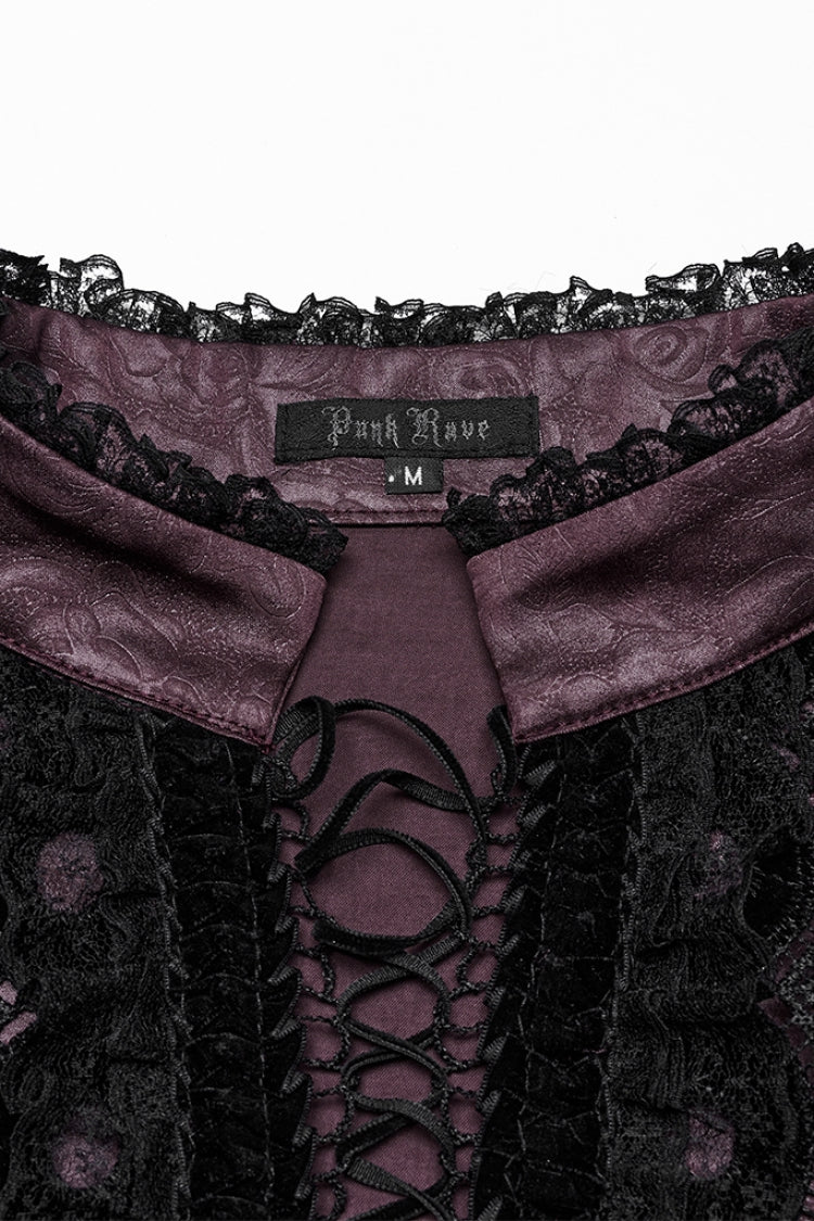 Victorian Lolita Blouse - Stand Collar Ruffle Embroidery, Red, Stand Collar, Men's Style - additional product view 5
