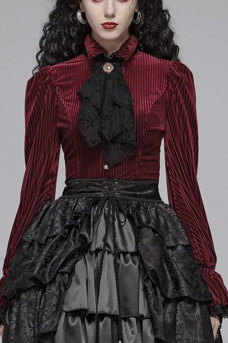Victorian Lolita Blouse - Striped Velvet Metal, 2 Colors, Striped, Women's Style - XS Red / S Red / M Red option