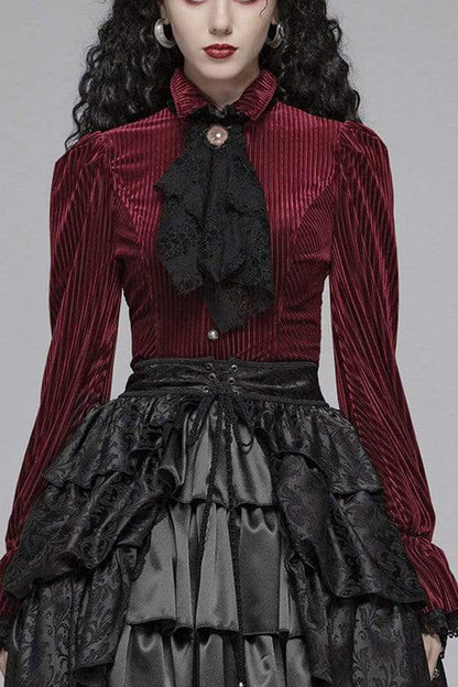 Victorian Lolita Blouse - Striped Velvet Metal, 2 Colors, Striped, Women's Style - XS Red / S Red / M Red option