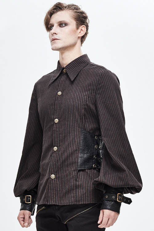 Victorian Lolita Blouse - Striped Waist Cuff Leather, Brown, Striped, Men's Style - additional product view 2