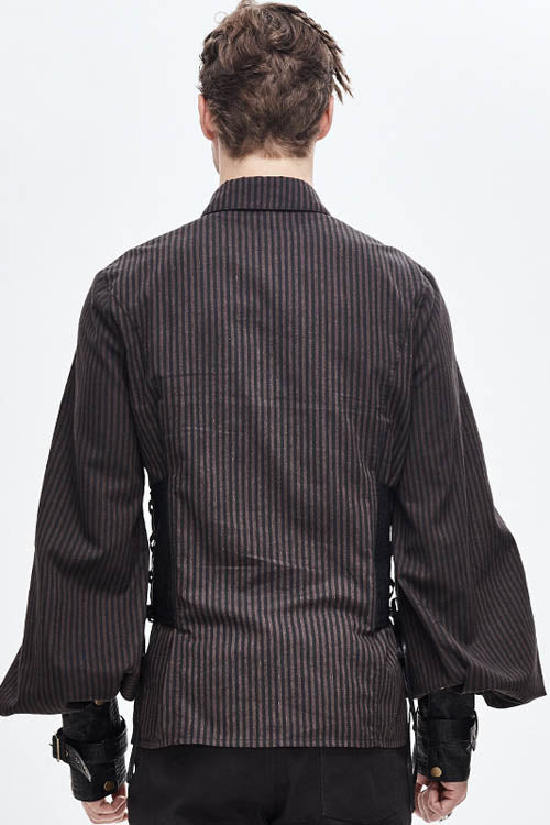 Victorian Lolita Blouse - Striped Waist Cuff Leather, Brown, Striped, Men's Style - additional product view 3