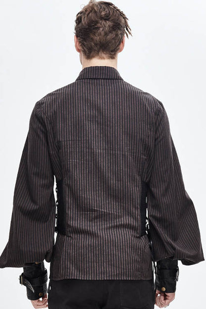 Victorian Lolita Blouse - Striped Waist Cuff Leather, Brown, Striped, Men's Style - additional product view 3