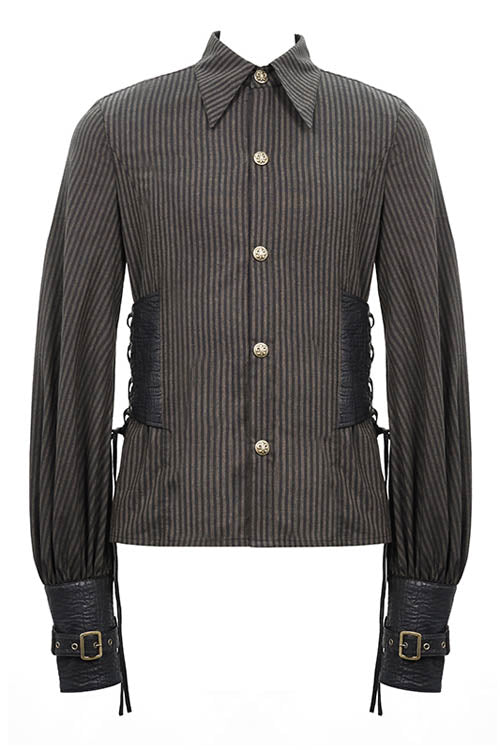 Victorian Lolita Blouse - Striped Waist Cuff Leather, Brown, Striped, Men's Style - additional product view 4