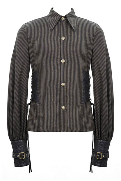 Victorian Lolita Blouse - Striped Waist Cuff Leather, Brown, Striped, Men's Style - additional product view 4