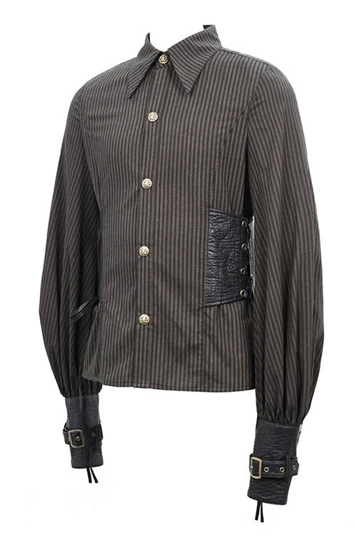 Victorian Lolita Blouse - Striped Waist Cuff Leather, Brown, Striped, Men's Style - additional product view 5