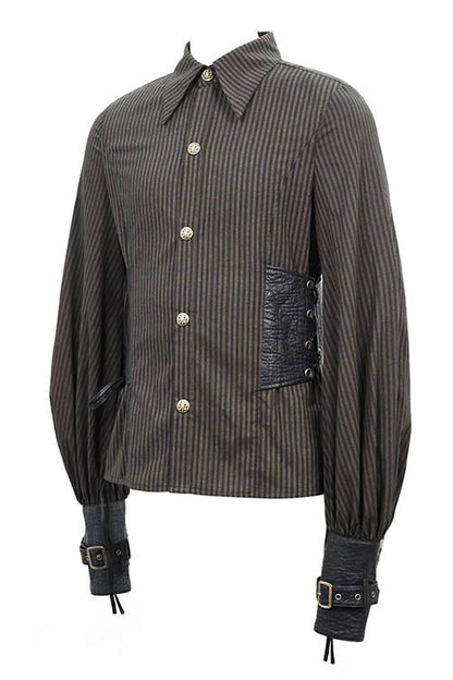 Victorian Lolita Blouse - Striped Waist Cuff Leather, Brown, Striped, Men's Style - additional product view 5