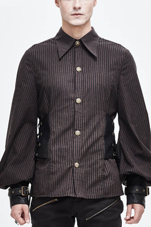Victorian Lolita Blouse - Striped Waist Cuff Leather, Brown, Striped, Men's Style - main product image