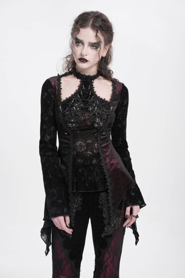 Victorian Lolita Blouse - Trumpet Jacquard Cutout, Red, Women's Style, Long Sleeves - additional product view 3