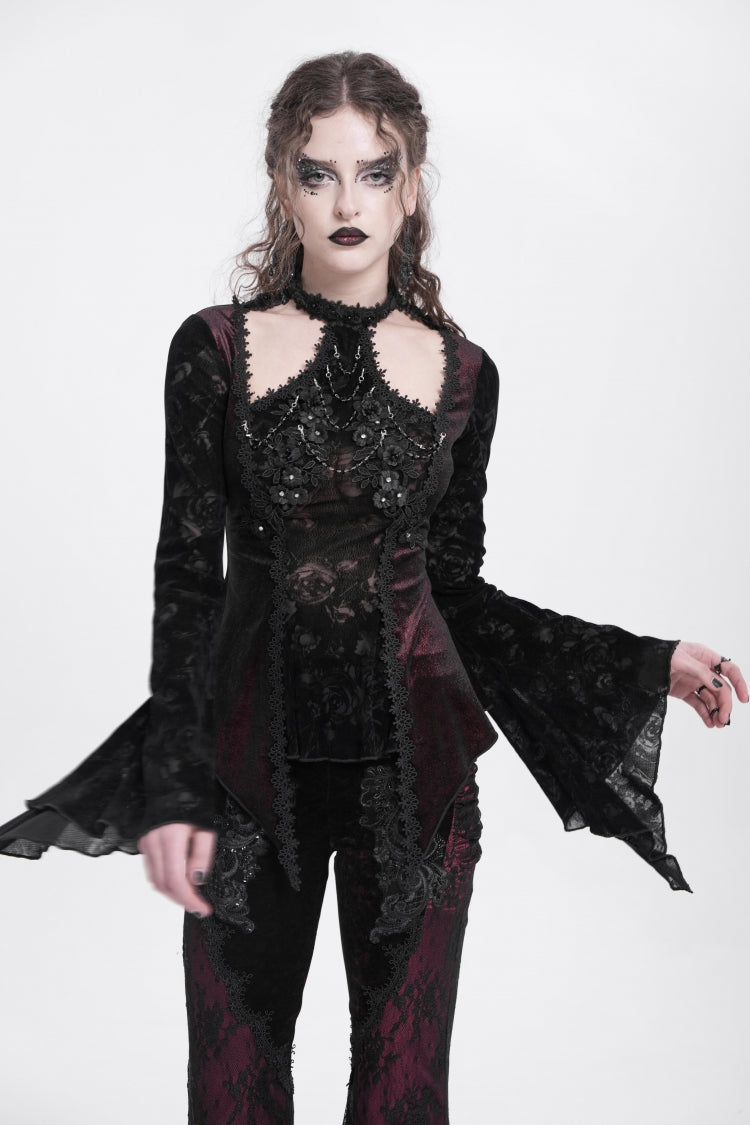Victorian Lolita Blouse - Trumpet Jacquard Cutout, Red, Women's Style, Long Sleeves - additional product view 4